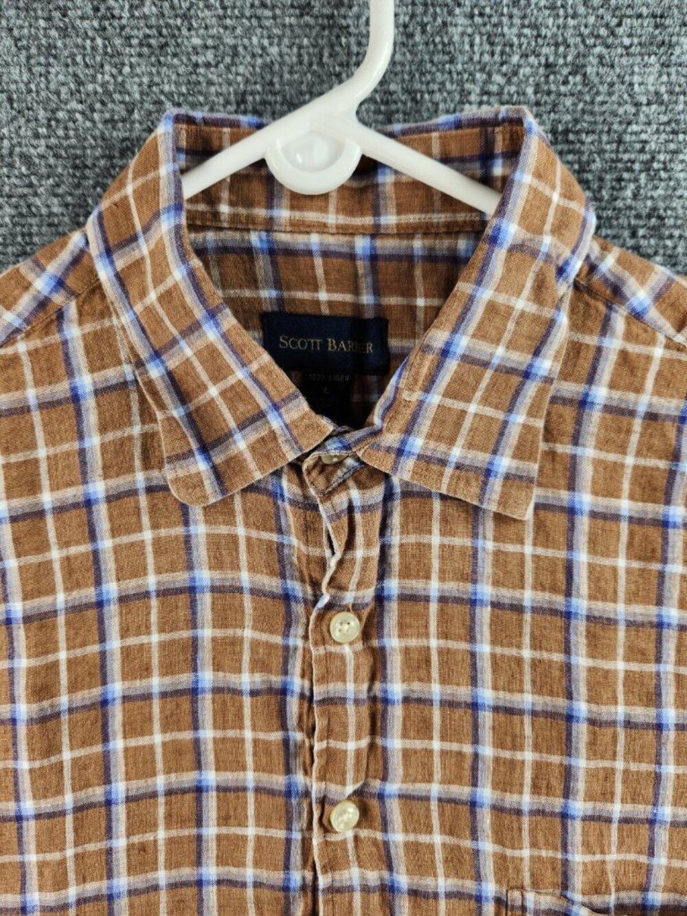 Scott Barber Plaid Brown Blue Short Sleeve Linen Button Up Shirt Large Woven